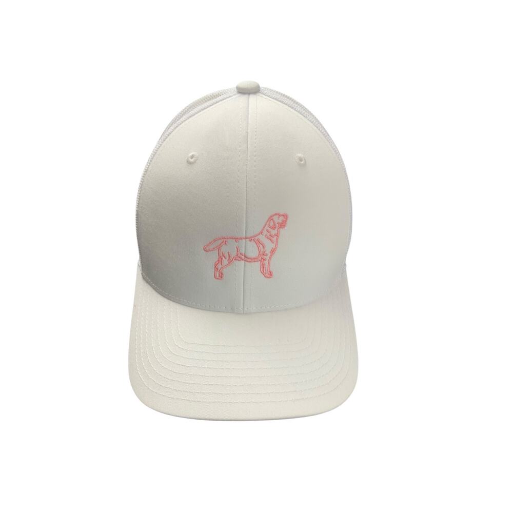 NWOT White Trucker Hat Pink Labrador Dog Embroidered Yupoong Snapback Cap